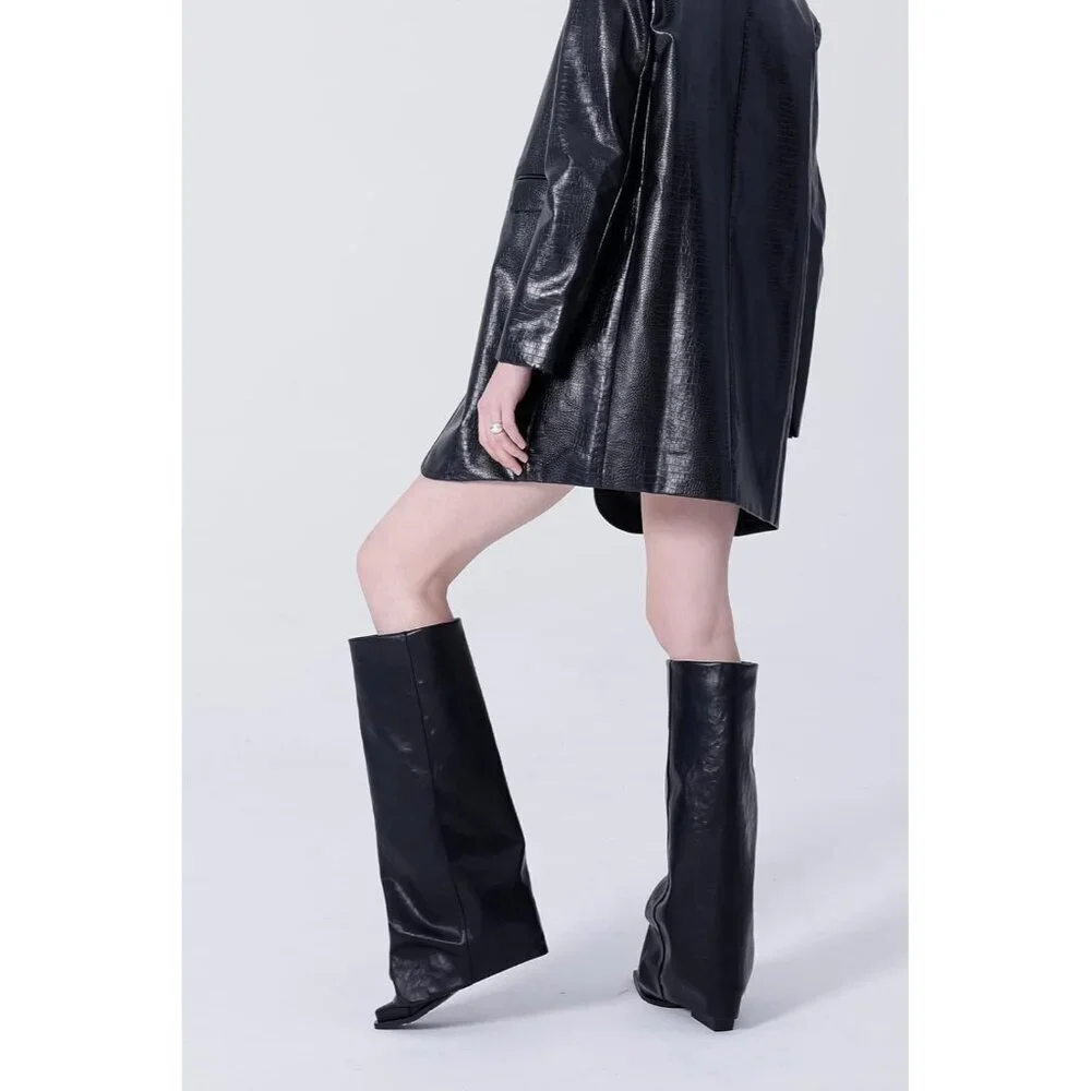 Women Black Wide Calf Slouchy Shark Pointed Toe  Fold Over Knee High Tall Boots